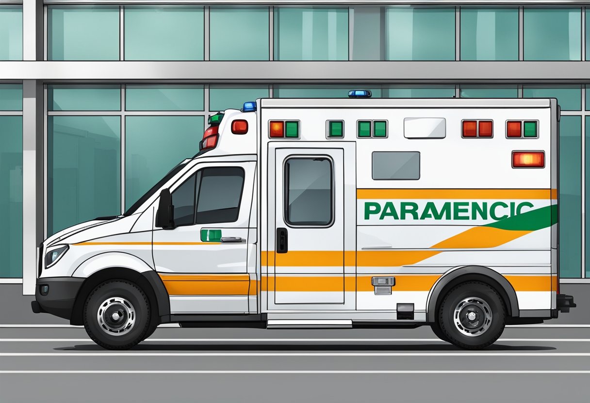 Uma ambulância de paramédico estacionada do lado de fora de um hospital, com suas luzes piscando e o equipamento médico visível através das janelas.