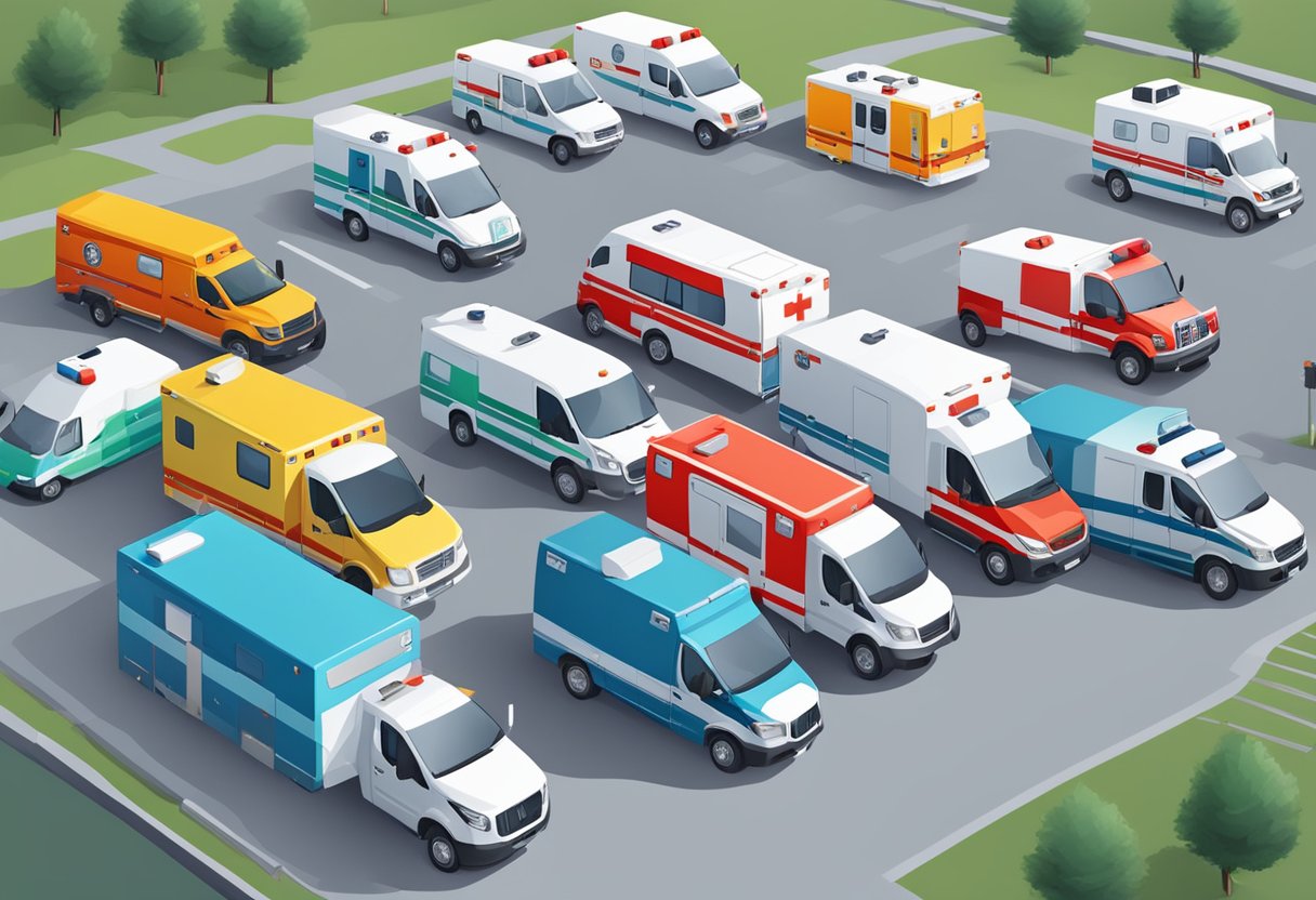 Serviços de Ambulância: Importância e Eficiência no Atendimento Emergencial 1 Uma frota de diferentes tipos de ambulâncias estacionadas do lado de fora de um hospital, incluindo ambulâncias tradicionais, ambulâncias aéreas e veículos de transporte médico especializado.