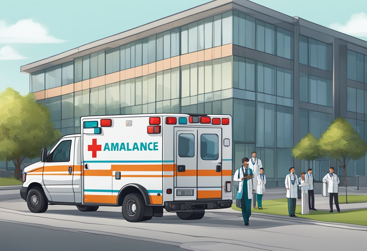 Serviços de Ambulância: Importância e Eficiência no Atendimento Emergencial 2 Uma ambulância estacionada do lado de fora de um hospital, com equipamentos médicos e profissionais de saúde próximos.