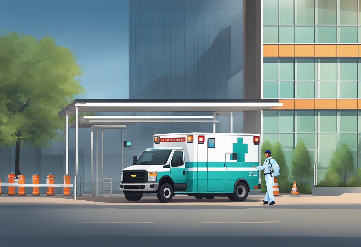 Serviços de Ambulância: Importância e Eficiência no Atendimento Emergencial 3 Uma ambulância estacionada do lado de fora de um hospital, com um paramédico carregando um kit médico e vestindo equipamento de proteção. Uma estação de desinfecção está montada nas proximidades.