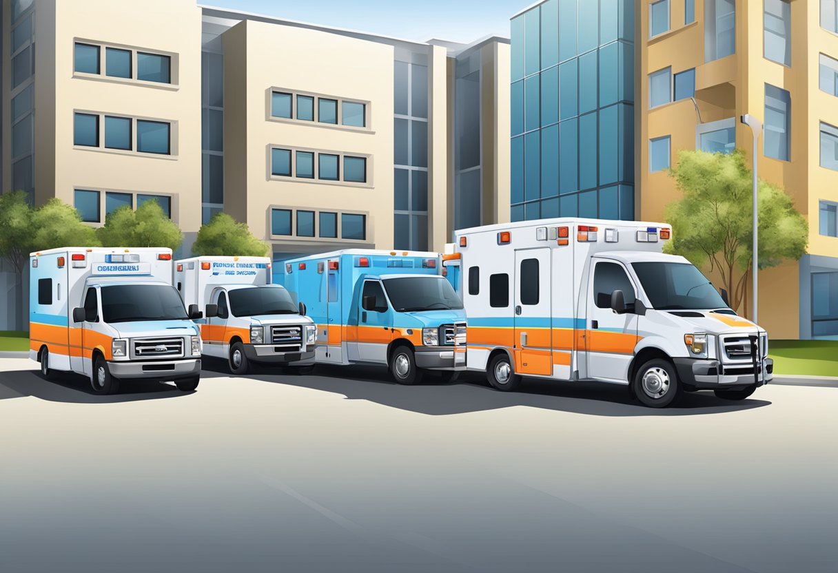 Serviços de Ambulância: Importância e Eficiência no Atendimento Emergencial 5 Uma frota de ambulâncias estacionadas do lado de fora de uma clínica e prédios de organização