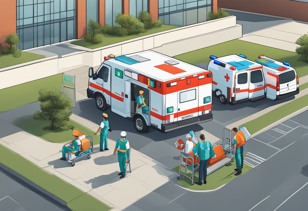 Serviços de Ambulância: Importância e Eficiência no Atendimento Emergencial 7 Uma ambulância estacionada do lado de fora de um hospital, com paramédicos descarregando equipamentos médicos e uma maca. Uma placa regulatória exibida de forma proeminente nas proximidades.