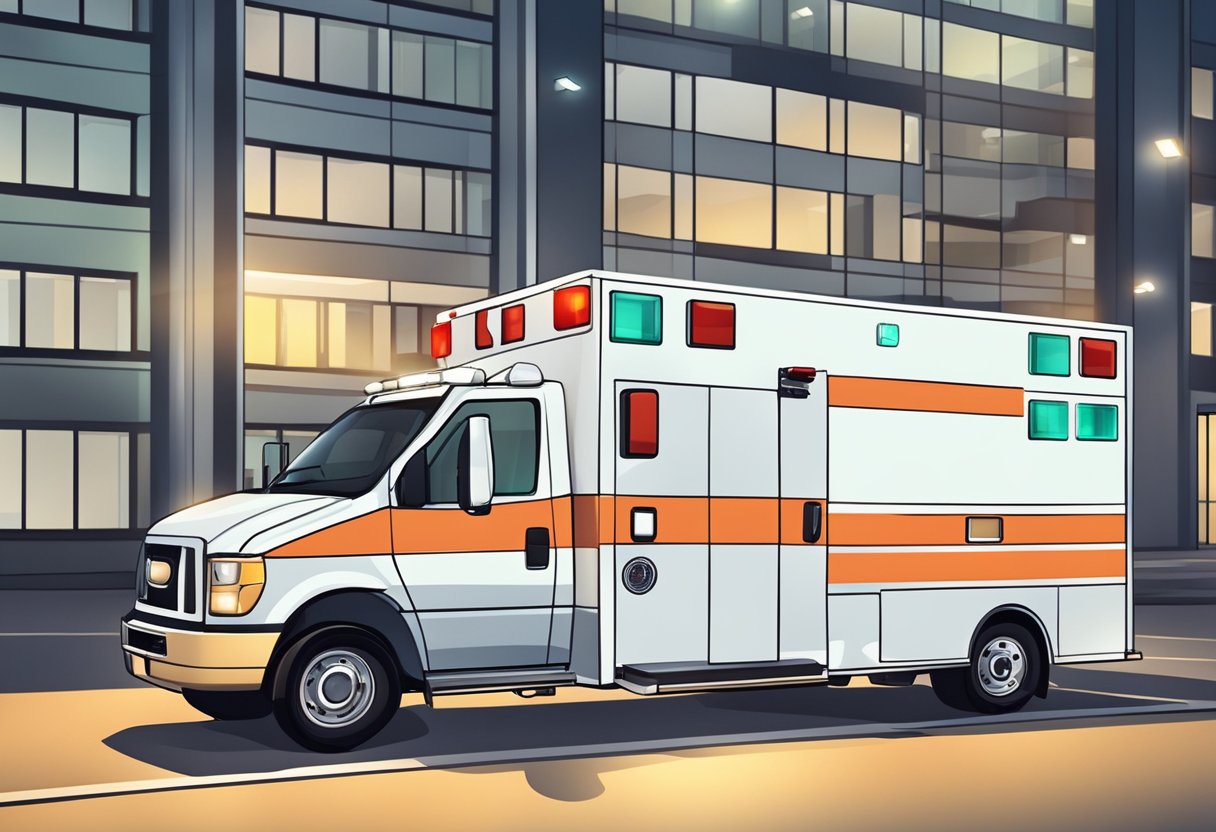 Serviços de Ambulância: Importância e Eficiência no Atendimento Emergencial 8 Uma ambulância moderna estacionada do lado de fora de um hospital, com luzes de emergência piscando e equipamentos médicos visíveis através das janelas.