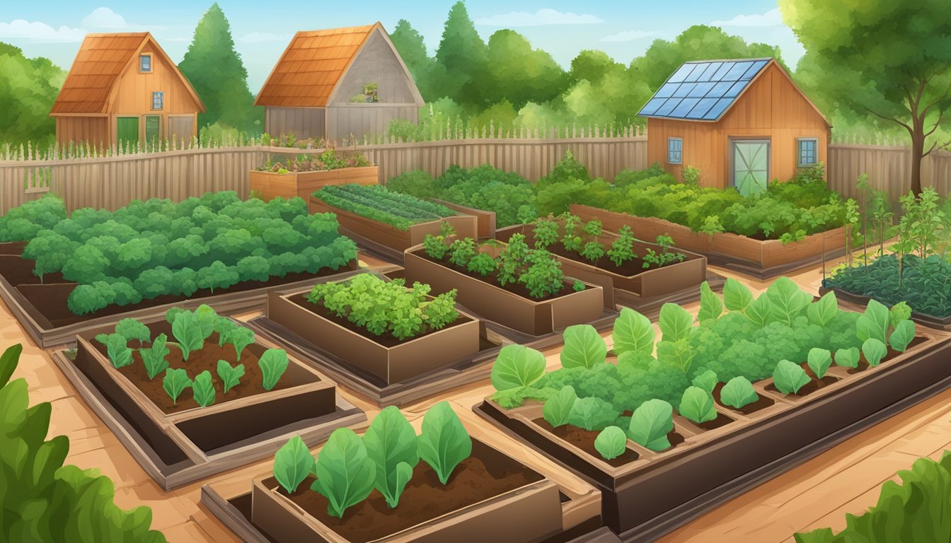 A vegetable garden with various plants and soil, surrounded by organic pest control products such as neem oil and copper fungicide