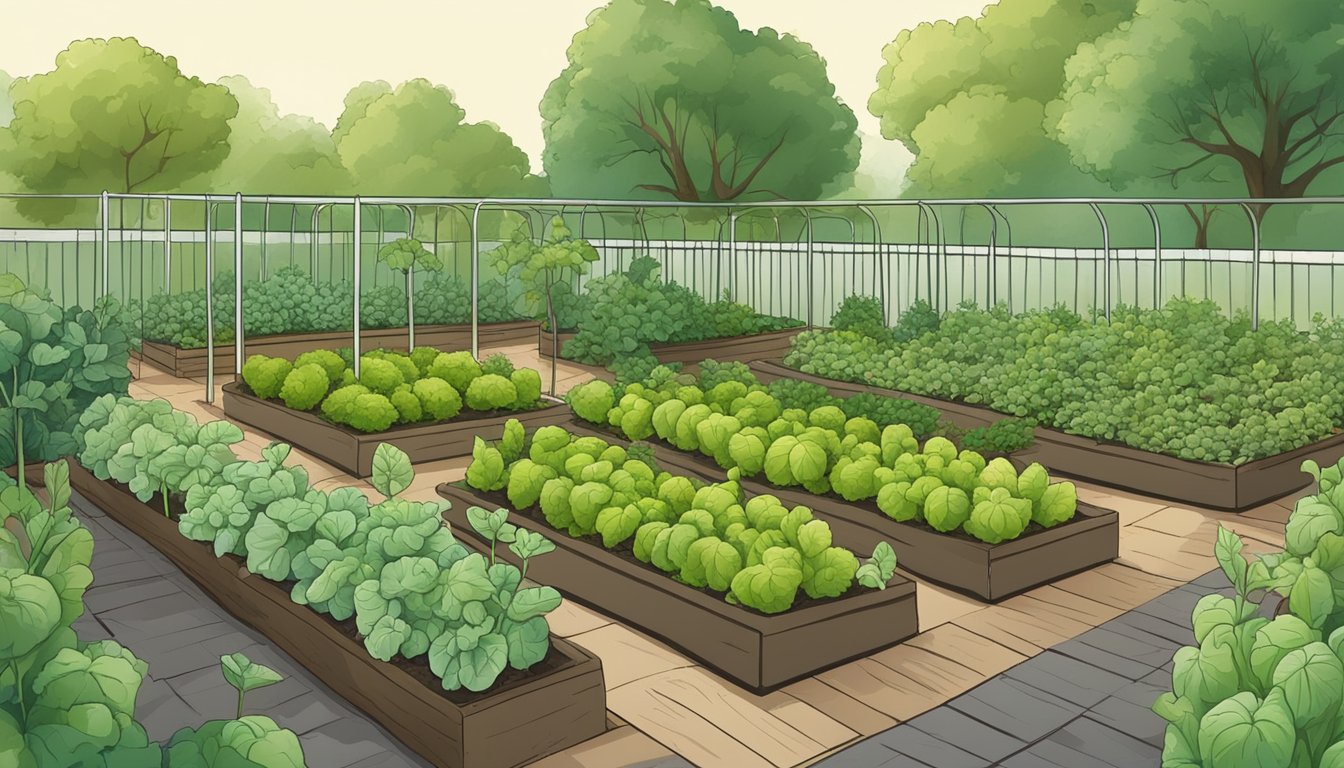 A lush vegetable garden with healthy plants and no signs of disease. A gardener applies organic methods to control botrytis, such as proper spacing and ventilation