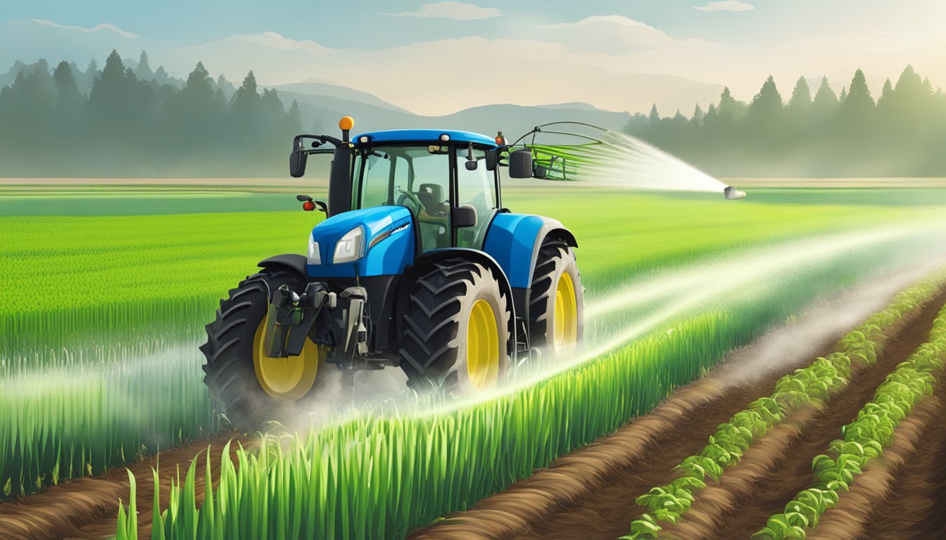 A farmer sprays organic solution on leek crops, with mechanical controls visible in the background