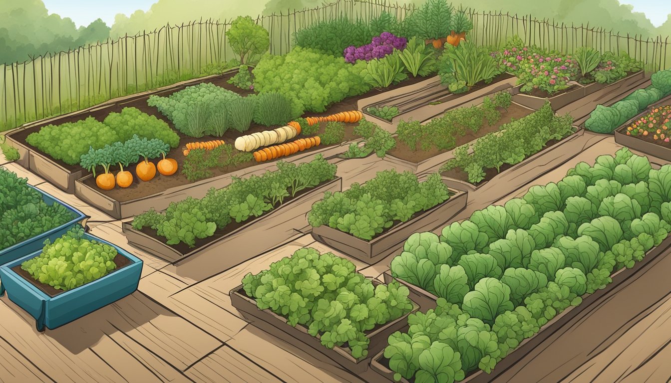 A garden with rows of root vegetables surrounded by natural pest control methods like companion planting and sticky traps