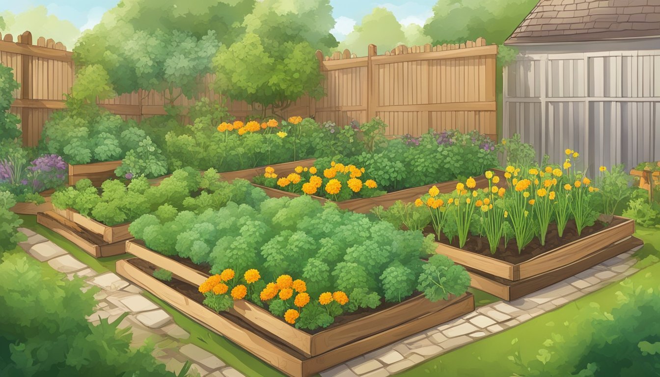 A garden scene with healthy carrot plants surrounded by natural deterrents like marigolds and onions, with a mesh cover to protect from carrot rust flies