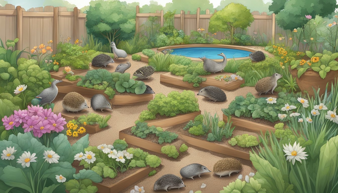 A garden with diverse plants and natural slug barriers like copper tape, diatomaceous earth, and eggshells, surrounded by a healthy ecosystem of birds, hedgehogs, and frogs