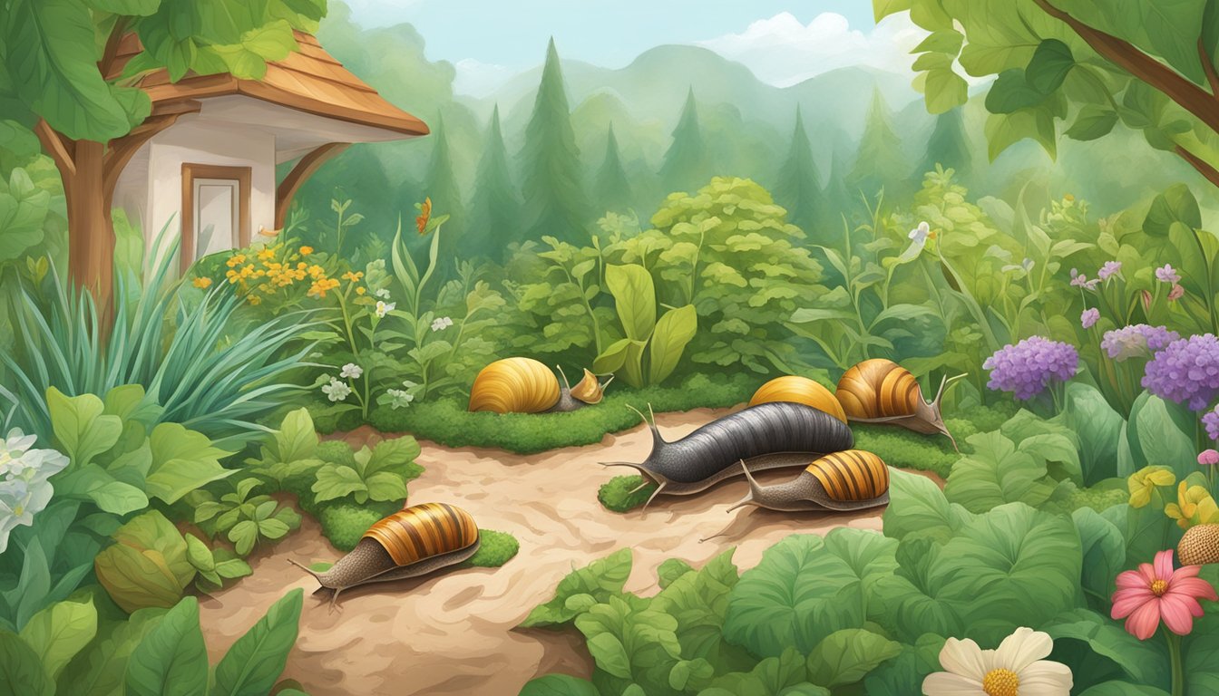 A garden scene with various natural slug and snail control methods, such as copper barriers, diatomaceous earth, and eggshell barriers, surrounded by lush green plants