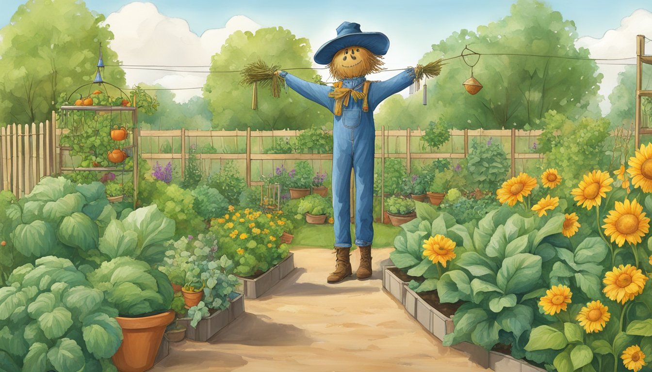 A scarecrow stands tall in a lush vegetable garden, surrounded by strategically placed reflective tape and wind chimes to deter birds