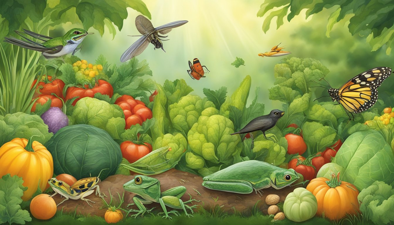 A garden scene with various natural predators, such as birds, frogs, and spiders, preying on grasshoppers among the vegetables