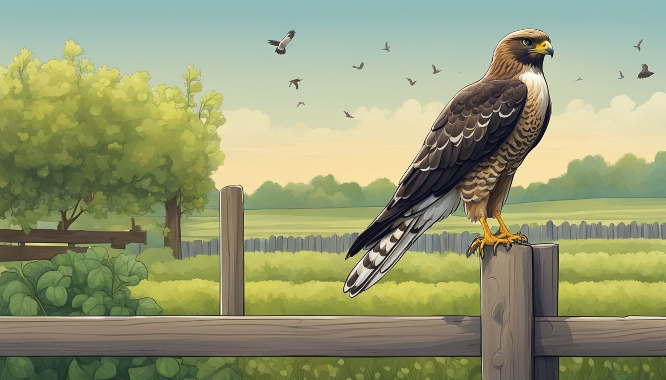 A hawk perched on a fence post, eyeing a group of small birds near a vegetable garden