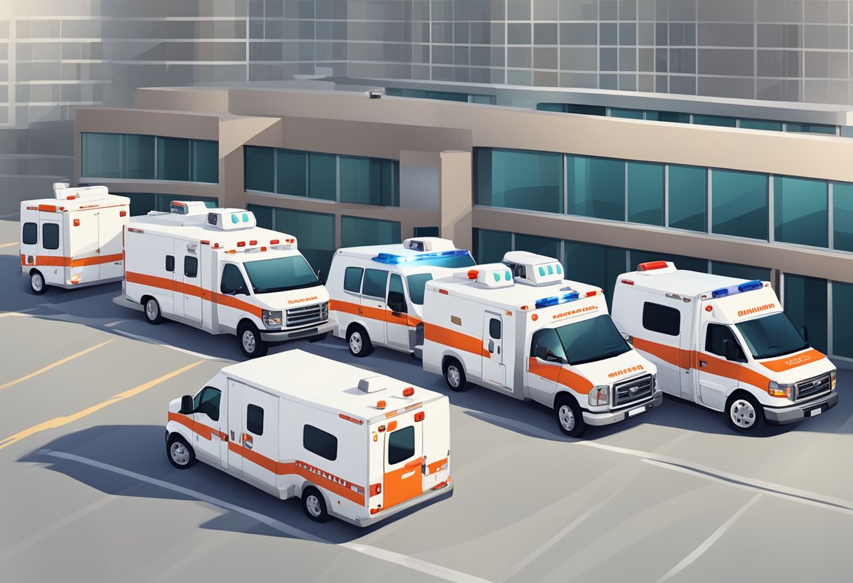 Uma frota de várias ambulâncias estacionadas do lado de fora de uma unidade médica, cada uma com diferentes marcas e equipamentos, indicando os diferentes serviços oferecidos e opções de preços para serviços de ambulância privados.