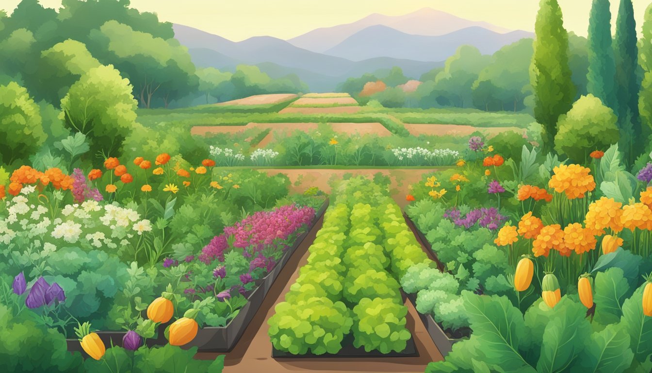 A garden with rows of vegetables surrounded by flowers and herbs. Grasshoppers are seen being deterred by natural barriers and predators