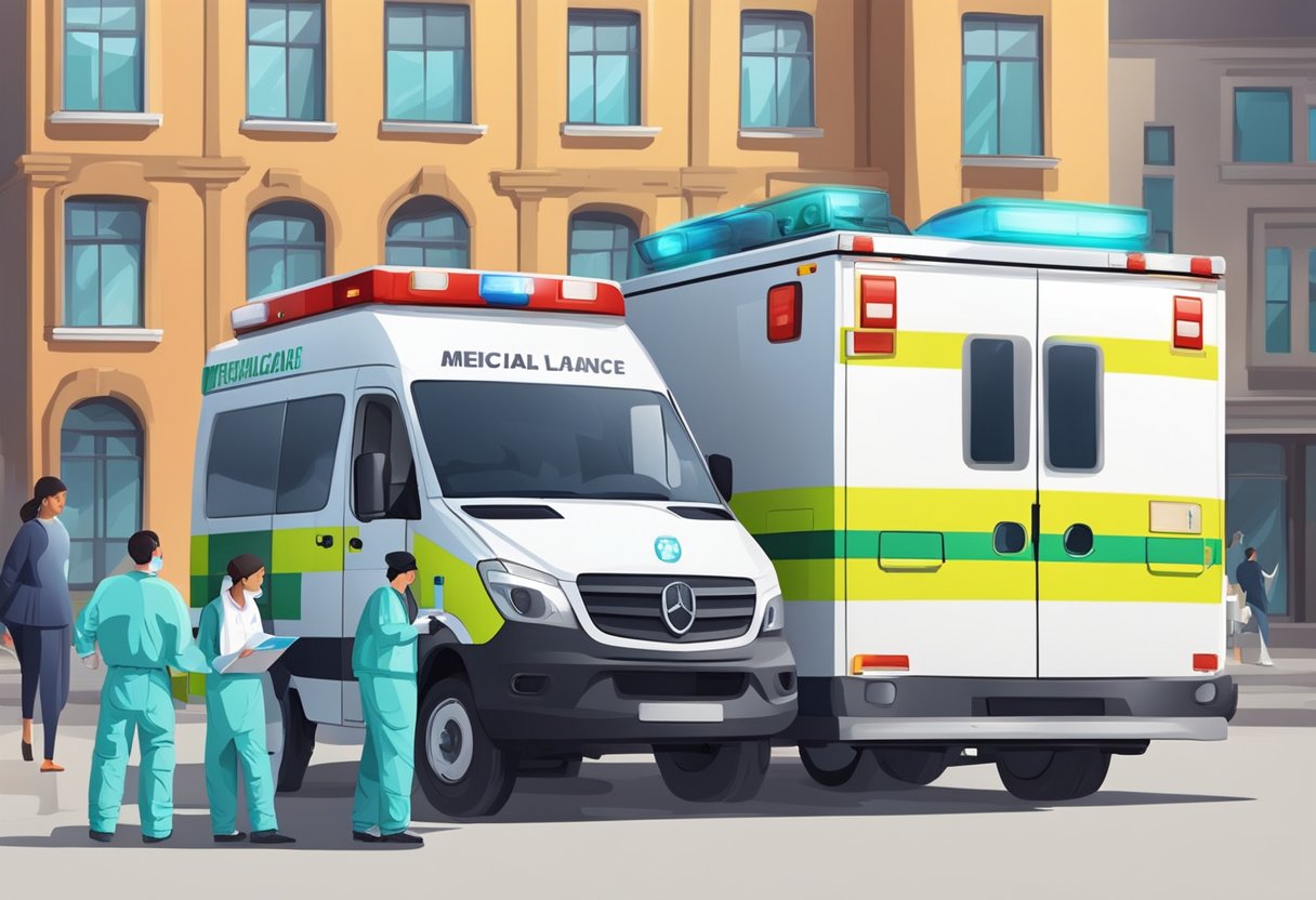 Uma ambulância particular com equipamentos médicos e uma equipe de profissionais de saúde se preparando para uma resposta de emergência.