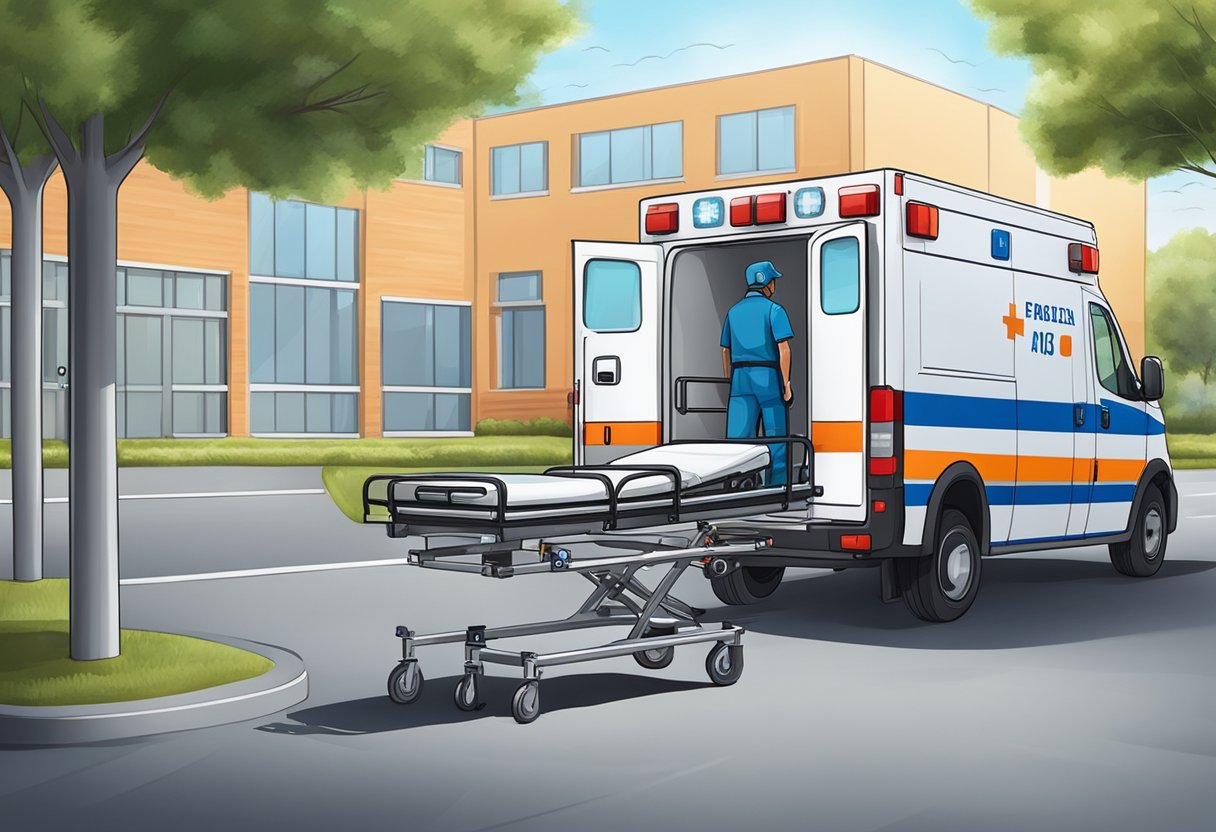 Uma ambulância particular estacionada do lado de fora de uma unidade médica com um paramédico carregando uma maca