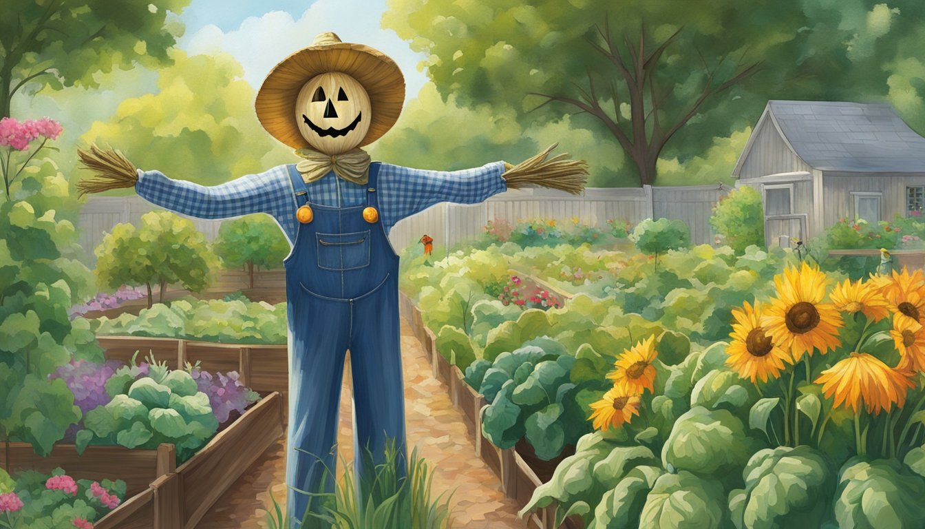 A scarecrow stands tall in a lush vegetable garden, its outstretched arms adorned with shiny, reflective materials to deter birds. A motion-activated sprinkler system is positioned nearby, ready to startle any unwanted avian visitors