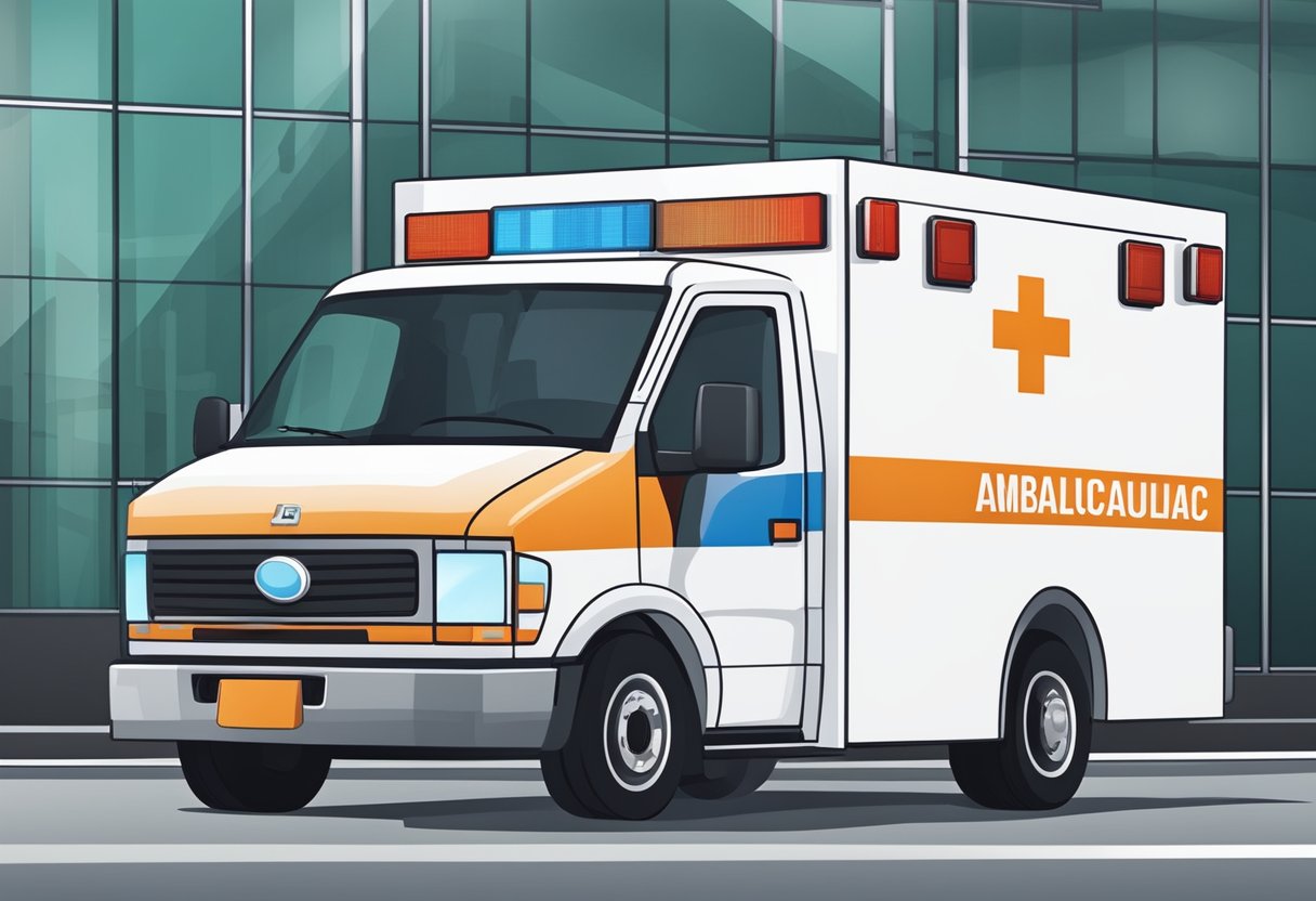 Uma ambulância particular estacionada do lado de fora de uma unidade médica, com uma visão clara dos preços e planos de serviço exibidos em um painel.