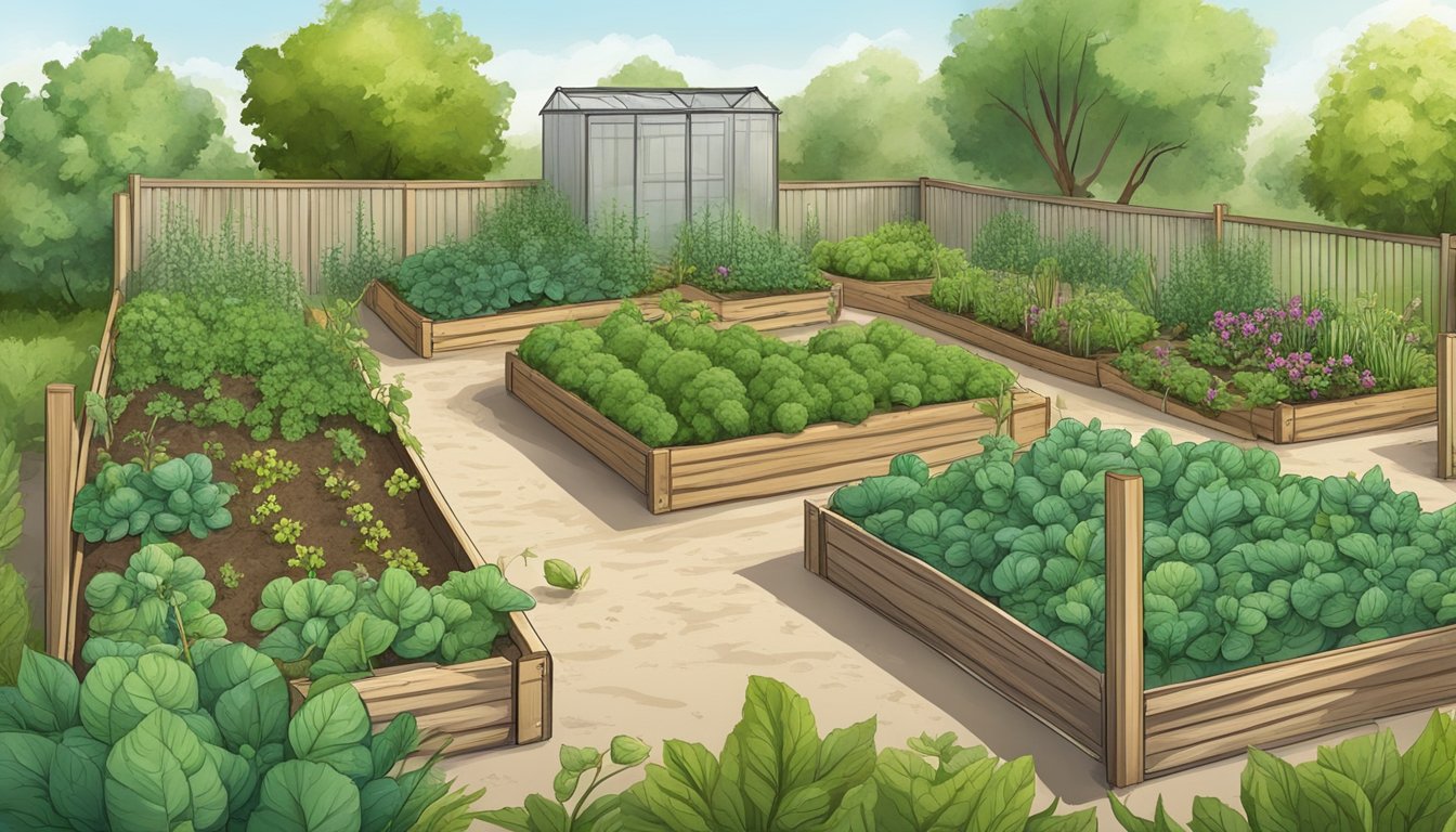 A lush vegetable garden with various natural deterrents, such as companion plants and physical barriers, in place to protect against grasshopper infestation