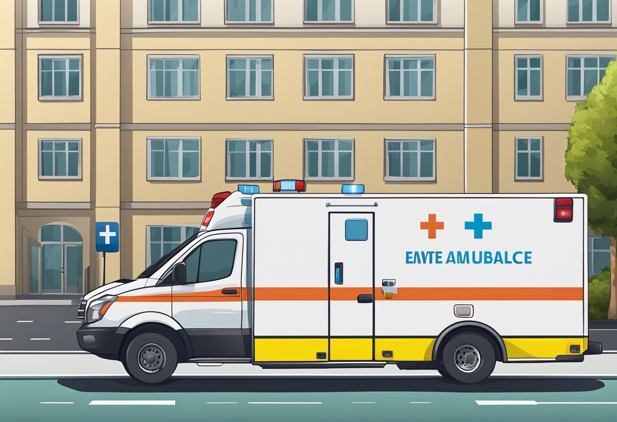 Uma ambulância privada estacionada do lado de fora de um hospital com uma lista de preços exibida na lateral