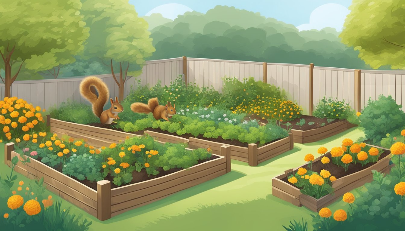 A garden with raised beds, surrounded by a mesh fence. Squirrels are seen digging in the soil, while natural deterrents like marigolds and netting are visible