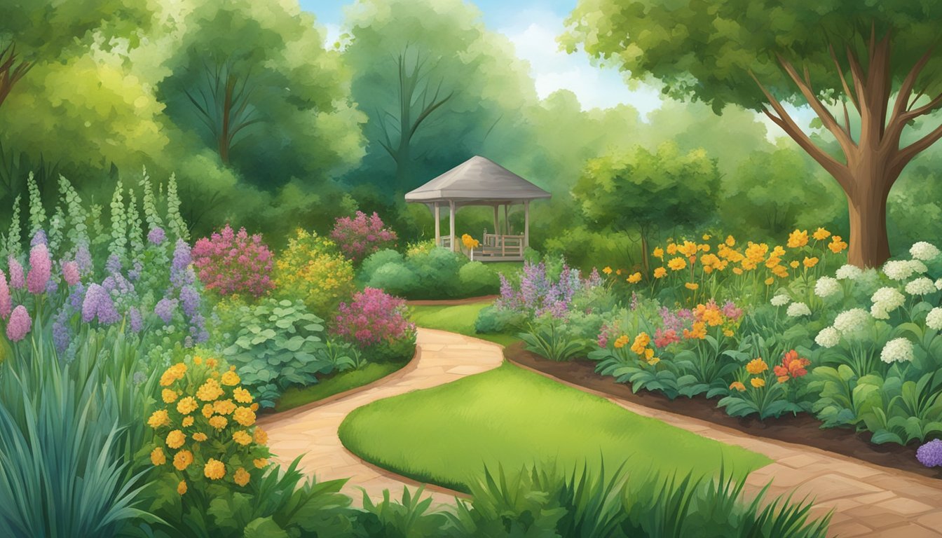 A garden scene with healthy, vibrant plants surrounded by natural insect repellents like neem oil, garlic spray, and beneficial nematodes to control mole crickets