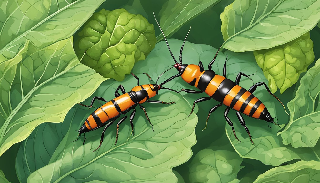 Earwigs feeding on vegetable leaves in a garden