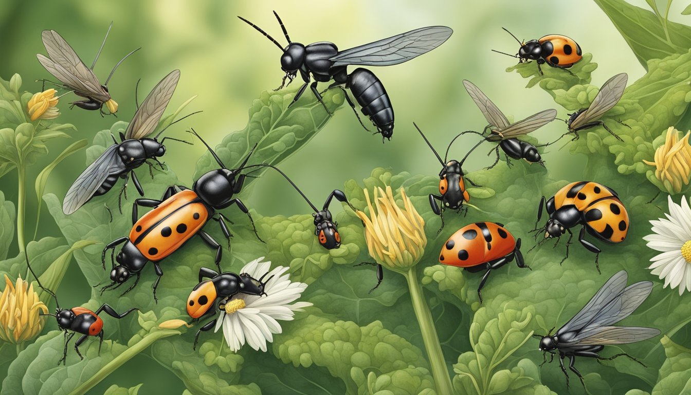 A garden scene with earwigs being preyed upon by natural predators like birds, frogs, and beneficial insects, while ladybugs and parasitic wasps act as biological controls