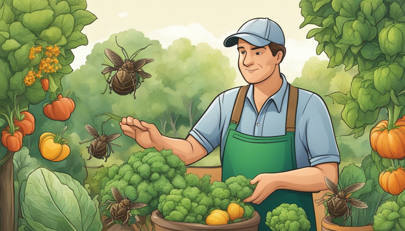 A gardener using organic methods to control stink bugs on a variety of vegetables in a garden