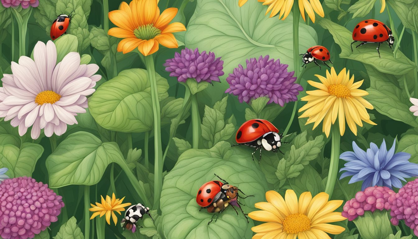 A lush vegetable garden with ladybugs, birds, and toads feasting on earwigs among the plants