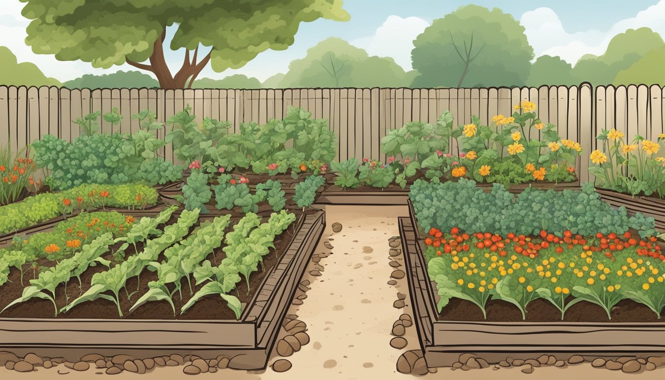 A vegetable garden with mulched soil, companion plants, and insect traps to manage earwigs. Ladybugs and lacewings are present, and there are no signs of chemical pesticides