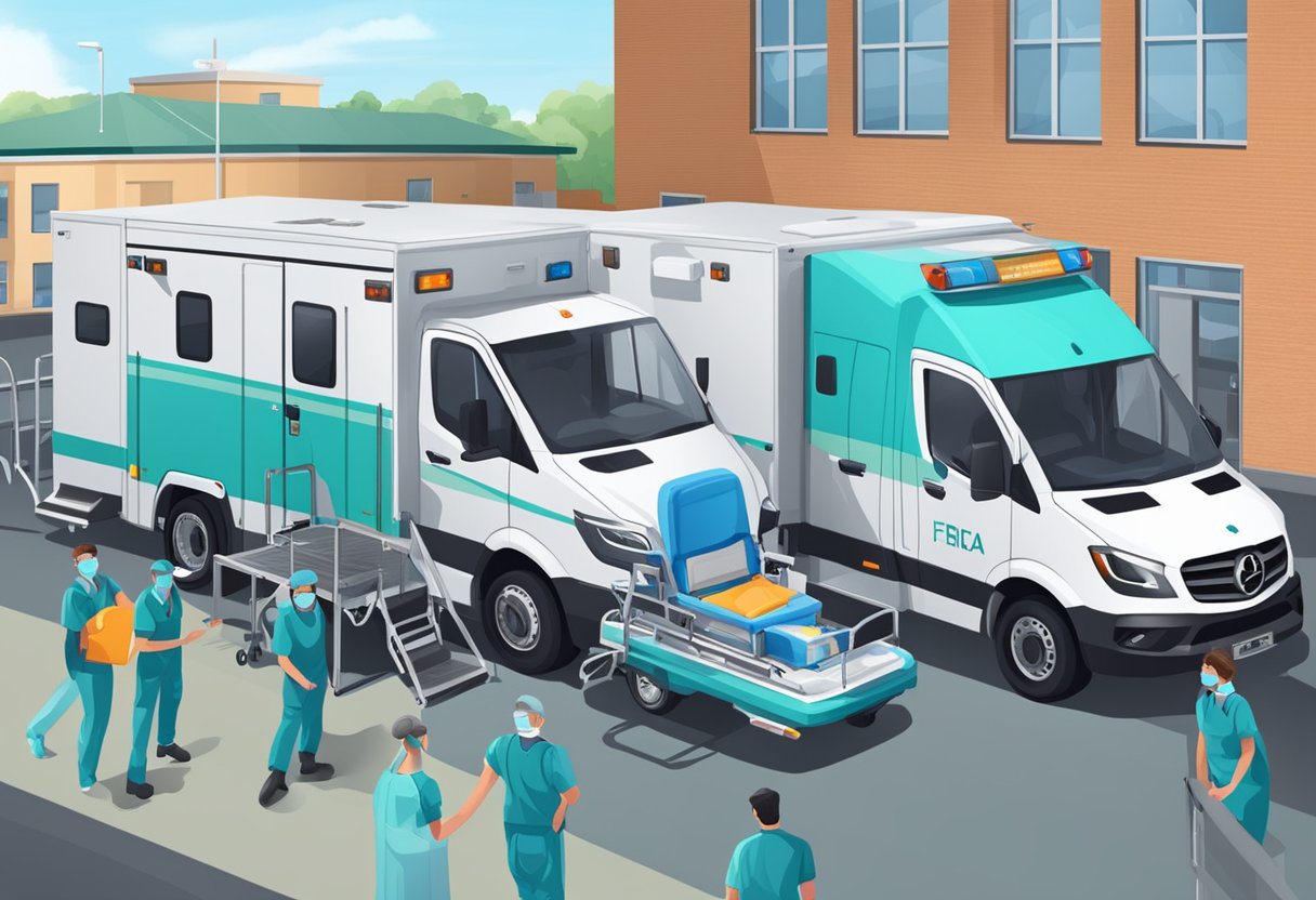 Uma UTI móvel privada estacionada do lado de fora de um hospital, com equipamentos médicos e uma equipe de paramédicos se preparando para o transporte