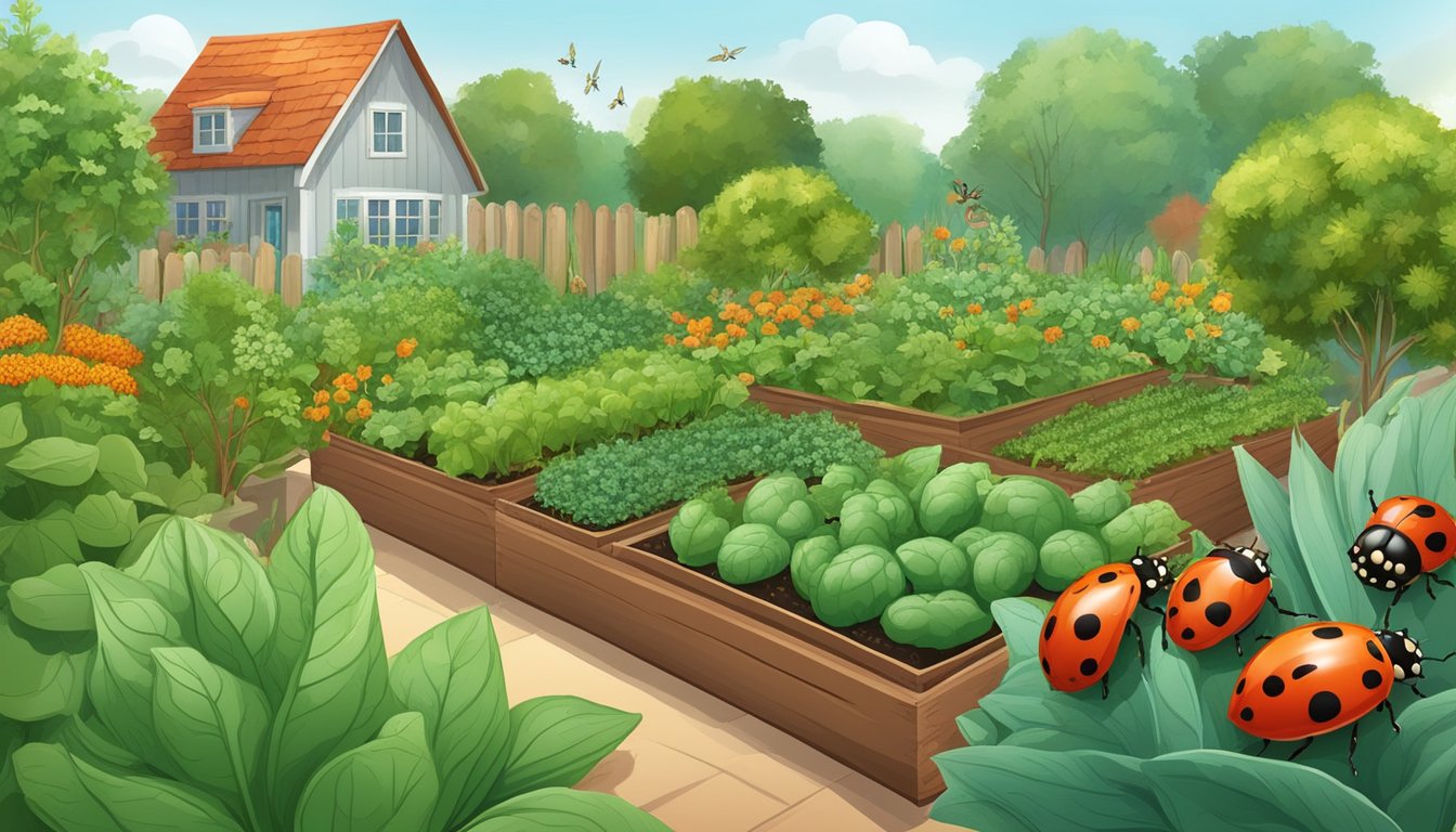 A lush vegetable garden with diverse crops, surrounded by natural barriers and insect-attracting plants. Ladybugs and birds actively control stink bug populations