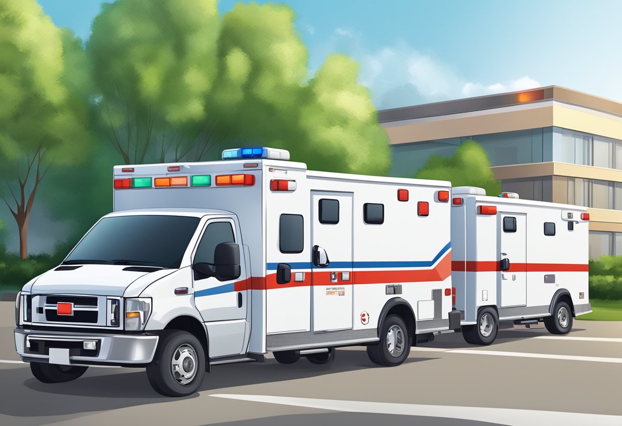 Uma frota de ambulâncias, incluindo uma UTI móvel totalmente equipada, estacionada em frente a um hospital, pronta para fornecer serviços de transporte médico privado.