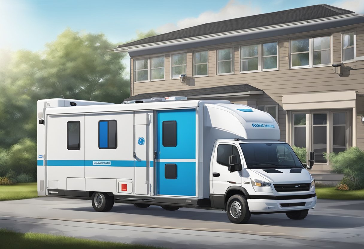 Uma unidade móvel de suporte avançado de vida estacionada do lado de fora de uma residência particular, com equipamentos médicos visíveis através das janelas.