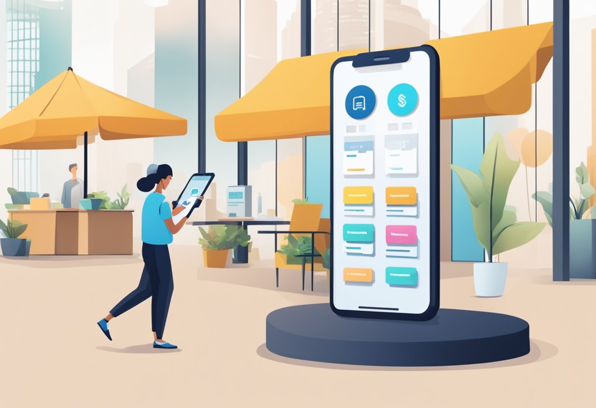 Uma pessoa usando um dispositivo móvel para acessar diferentes opções de serviço, com uma lista de preços exibida nas proximidades.