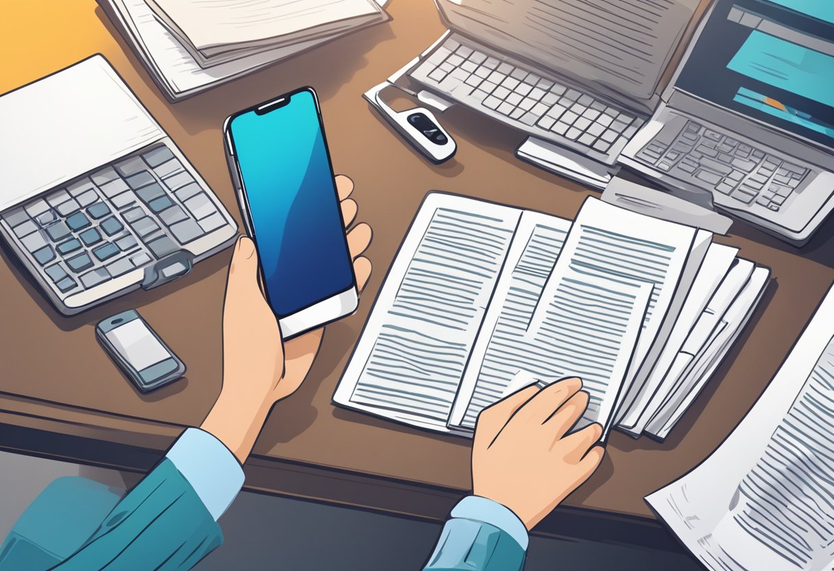 Uma pessoa usando um telefone celular enquanto está sentada em uma mesa com documentos legais e regulamentos espalhados à sua frente.