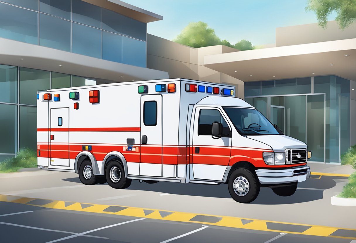 Uma ambulância particular estacionada do lado de fora de uma unidade de saúde, com um paramédico carregando equipamentos no veículo.