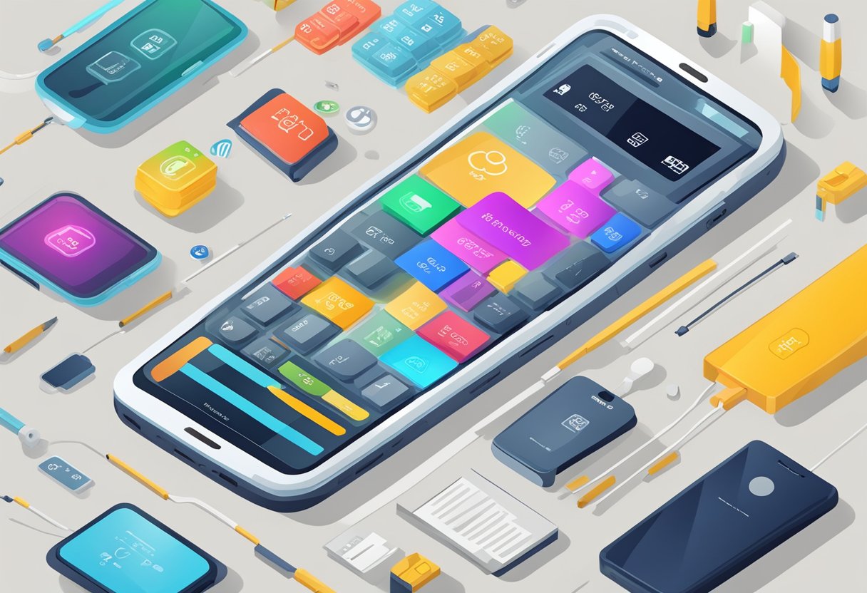 Um telefone celular com vários componentes e etiquetas de preço exibidas ao lado de fatores que influenciam o custo