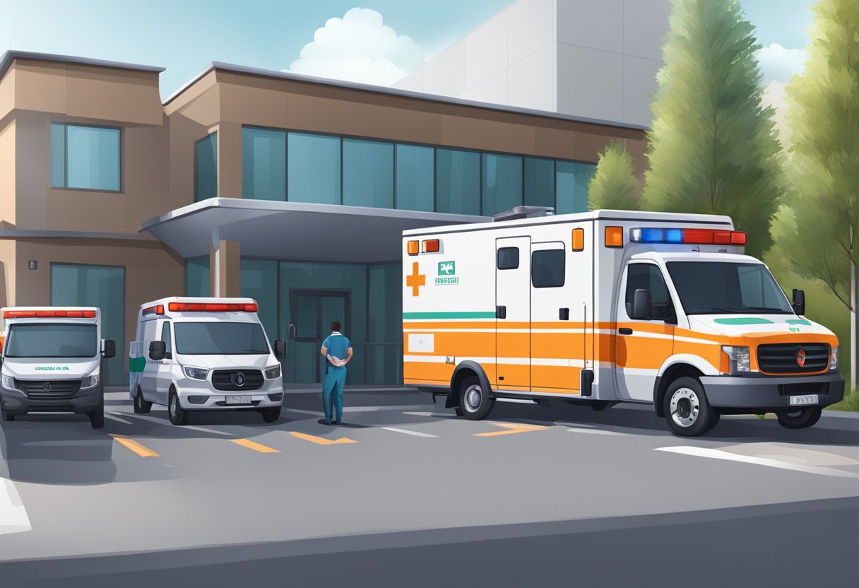 Uma ambulância móvel estacionada do lado de fora de uma clínica médica privada, com uma equipe de paramédicos preparando equipamentos para o transporte de um paciente.