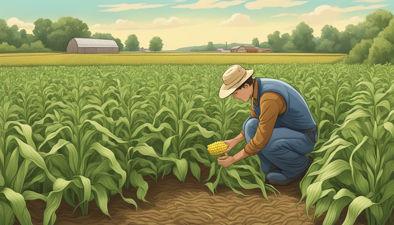 A farmer inspecting sweet corn plants for signs of corn earworm damage