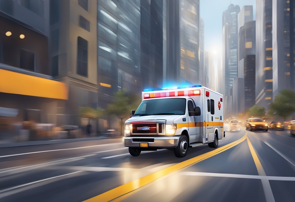 Plano de Ambulância: Guia Completo para Escolha e Adesão 2 Uma ambulância correndo por uma rua da cidade com luzes piscando e sirene tocando, cercada por prédios altos e tráfego movimentado