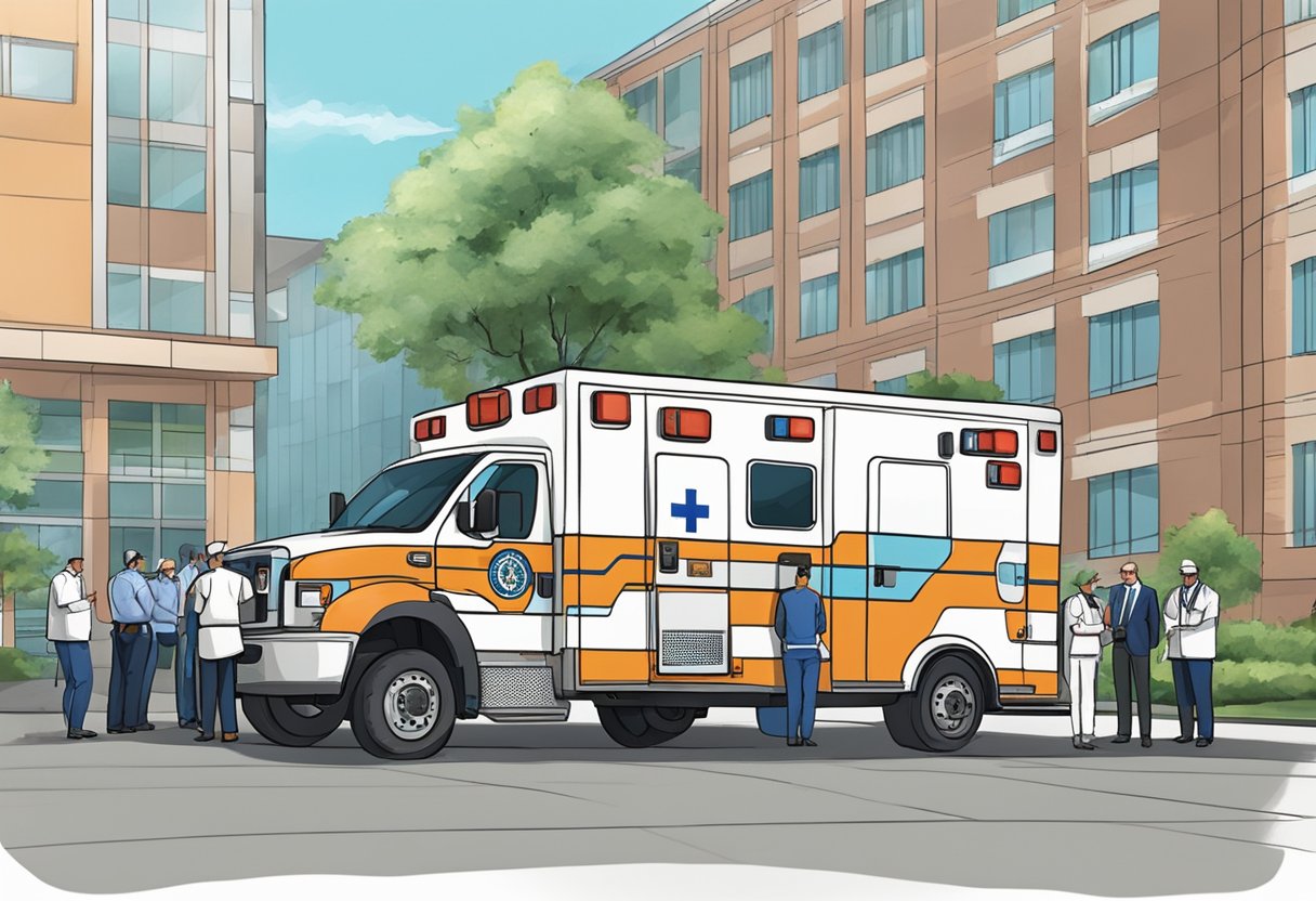 Plano de Ambulância: Guia Completo para Escolha e Adesão 3 Uma ambulância estacionada do lado de fora de um hospital, com operadores e reguladores discutindo planos.