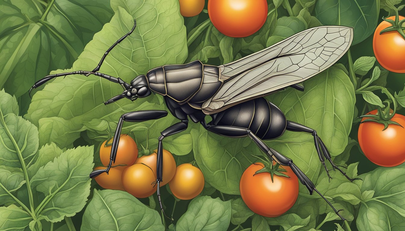 A leaf-footed bug perched on a tomato plant, surrounded by other vegetable plants in a garden