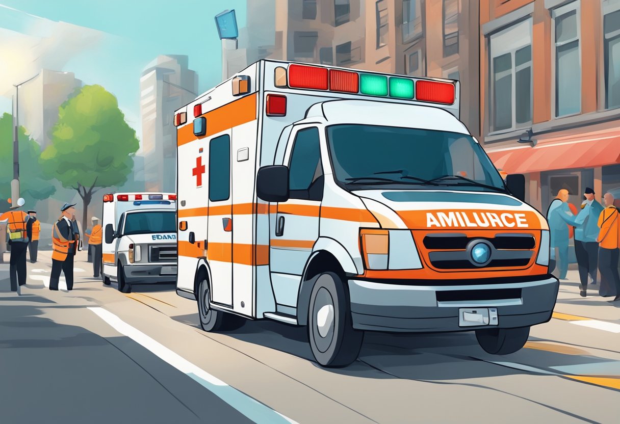 Plano de Ambulância: Guia Completo para Escolha e Adesão 4 Uma ambulância acelerando pelo tráfego com suas luzes piscando e sirenes soando. Um paramédico é visto atendendo a um paciente em uma maca.