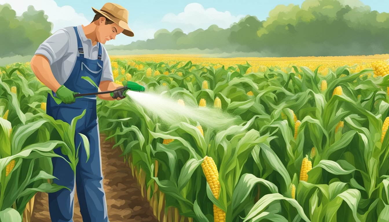 A farmer sprays organic solution on sweet corn to manage corn earworms