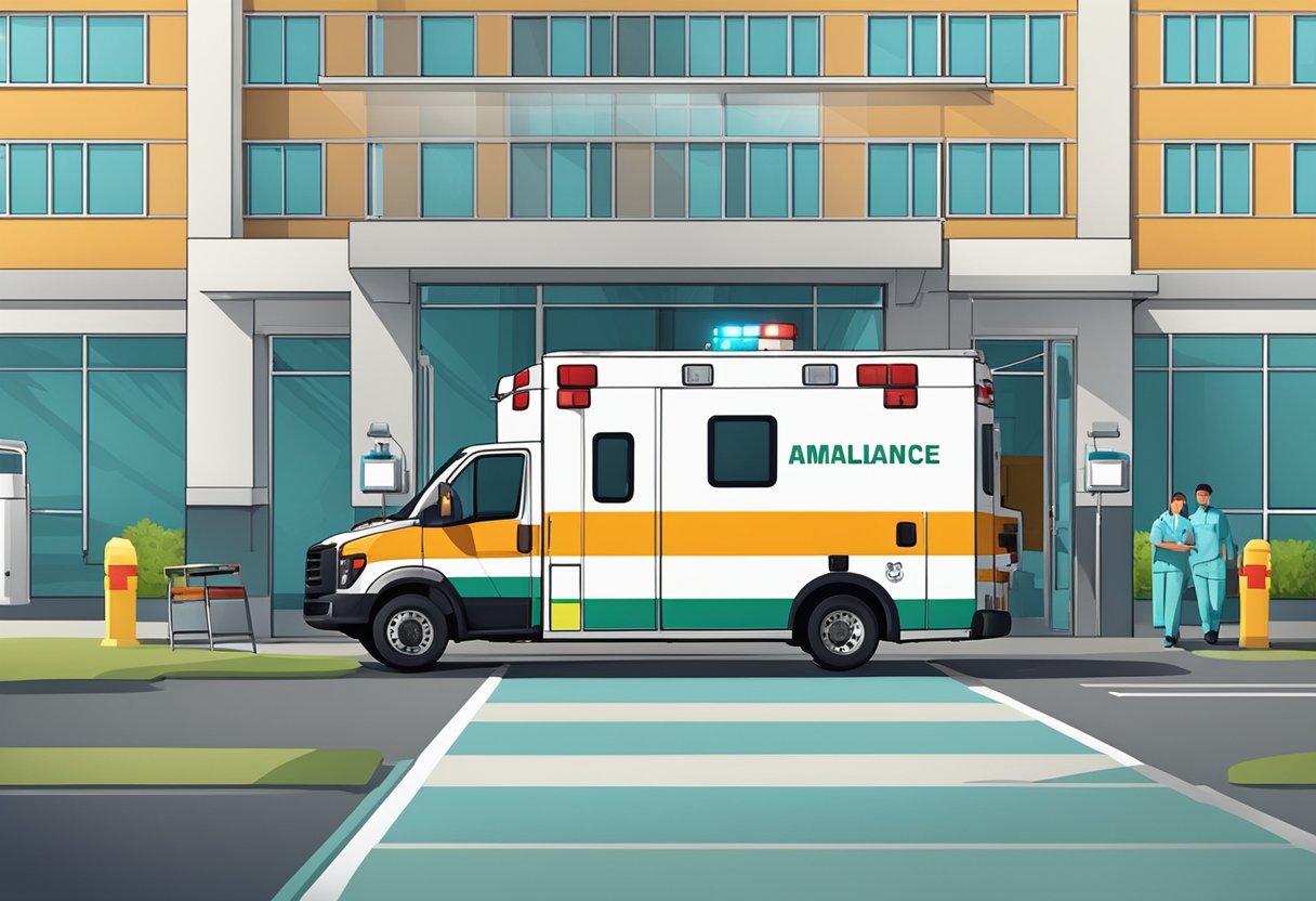 Plano de Ambulância: Guia Completo para Escolha e Adesão 5 Uma ambulância estacionada do lado de fora de uma unidade médica, com paramédicos e equipamentos médicos visíveis através das portas abertas