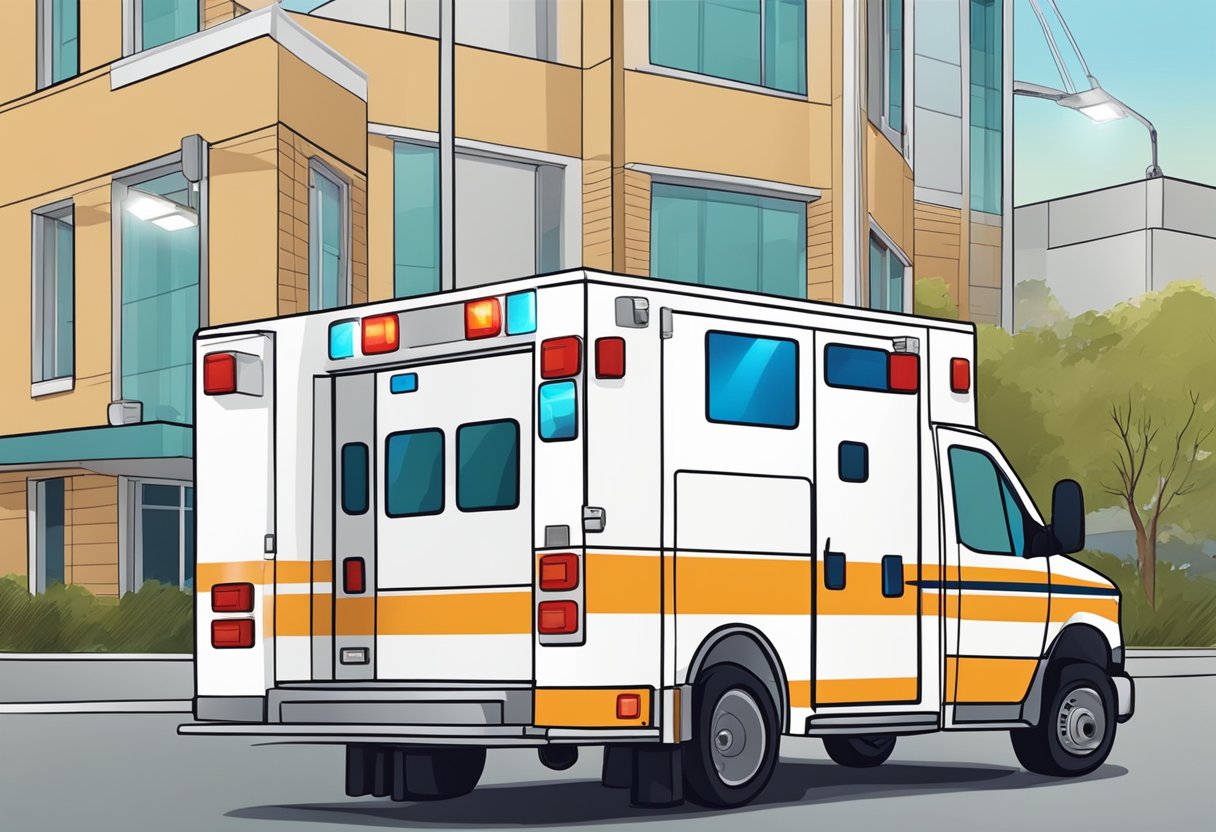 Plano de Ambulância: Guia Completo para Escolha e Adesão 6 Uma ambulância estacionada do lado de fora de um hospital, com suas luzes piscando e um paramédico em pé ao lado, pronto para responder.