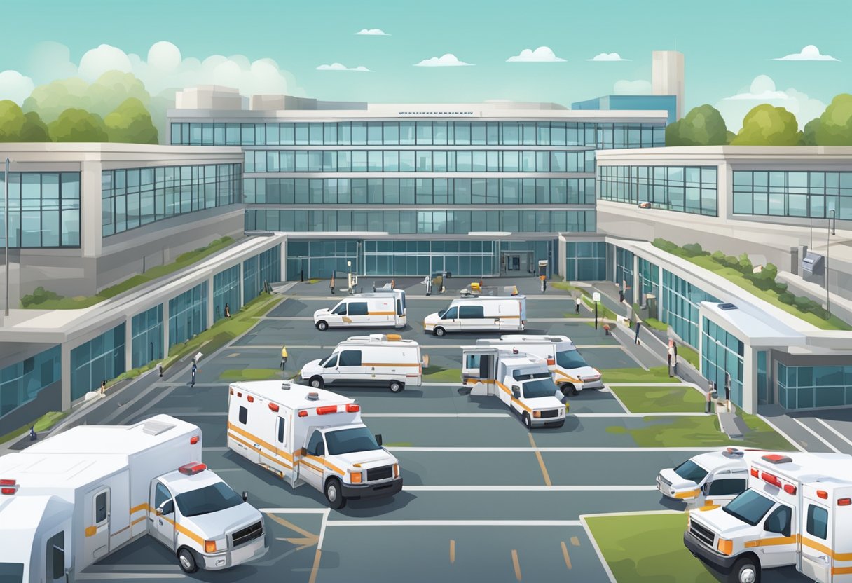 Plano de Ambulância: Guia Completo para Escolha e Adesão 7 Um estacionamento de hospital movimentado com ambulâncias do sistema público de saúde e de empresas de seguros privados alinhadas para atendimento.